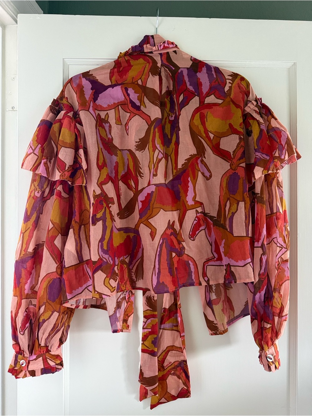 FARM Rio Pink Multi Horse-Print Ruffled Tie-Neck Blouse - Picture 3 of 4